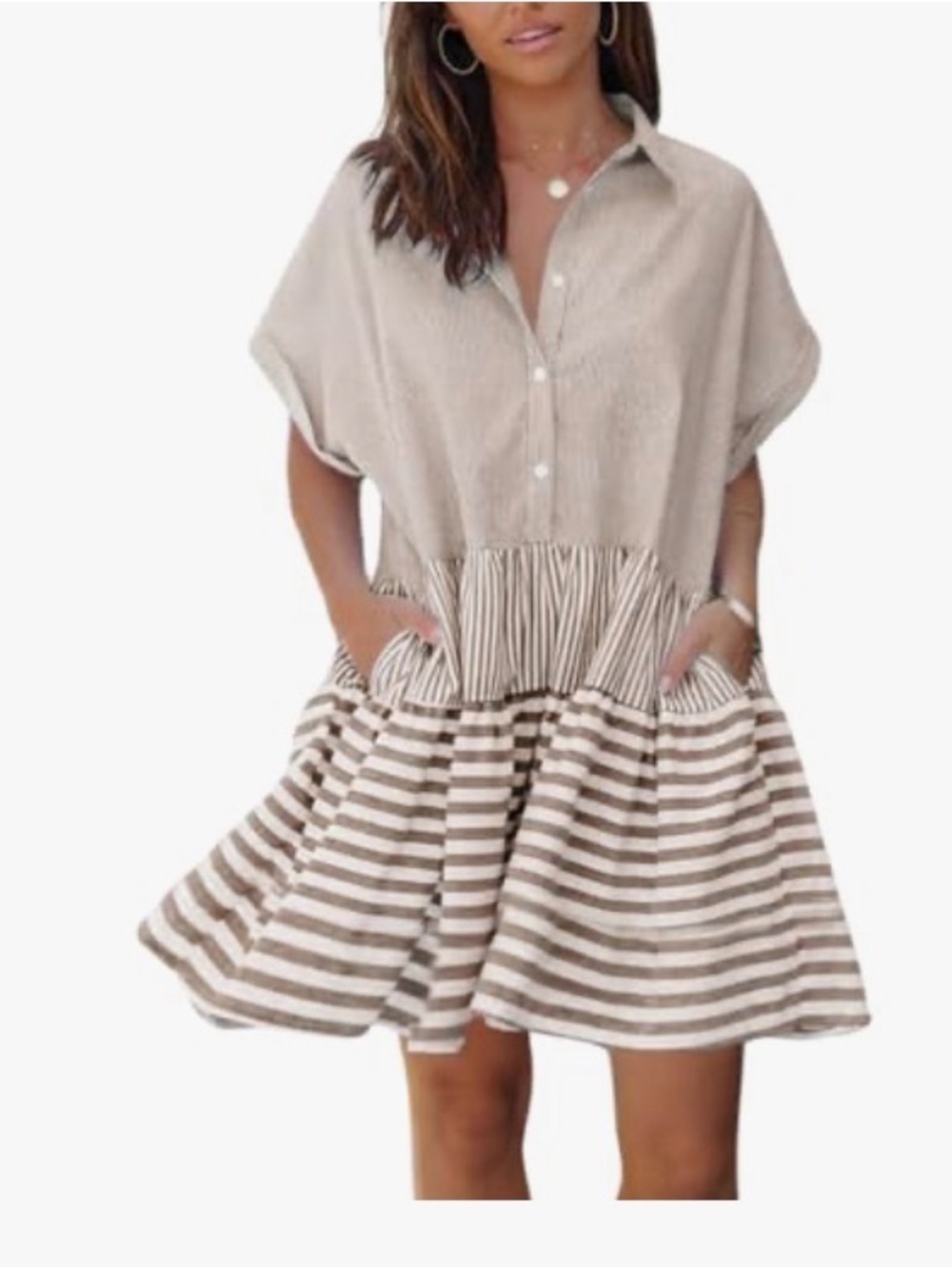 chouyatou Short Sleeve Striped Shirt Dress Button Down Tiered Tunic Babydoll M